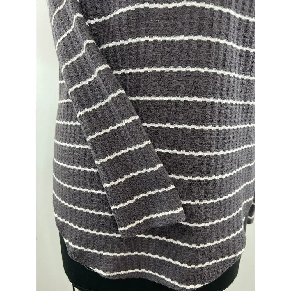 CHASER Gray White Striped Long Sleeve Waffle Knit Women's Top Size S Small